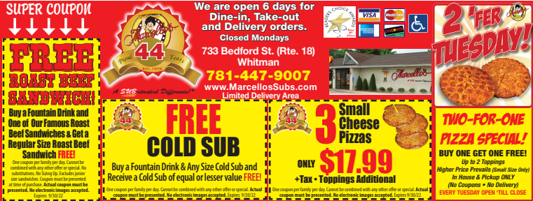 Marcello's Subs or Whitman - Coupons